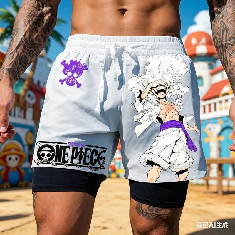 One Piece Straw Hat - Pantalones Cortos Deportivos Blancos de Doble